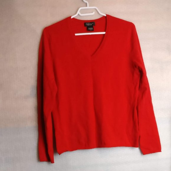 RED V-NECK PURE CASHMERE LONGSLEEVE SWEATER L with measurement - Picture 2 of 6